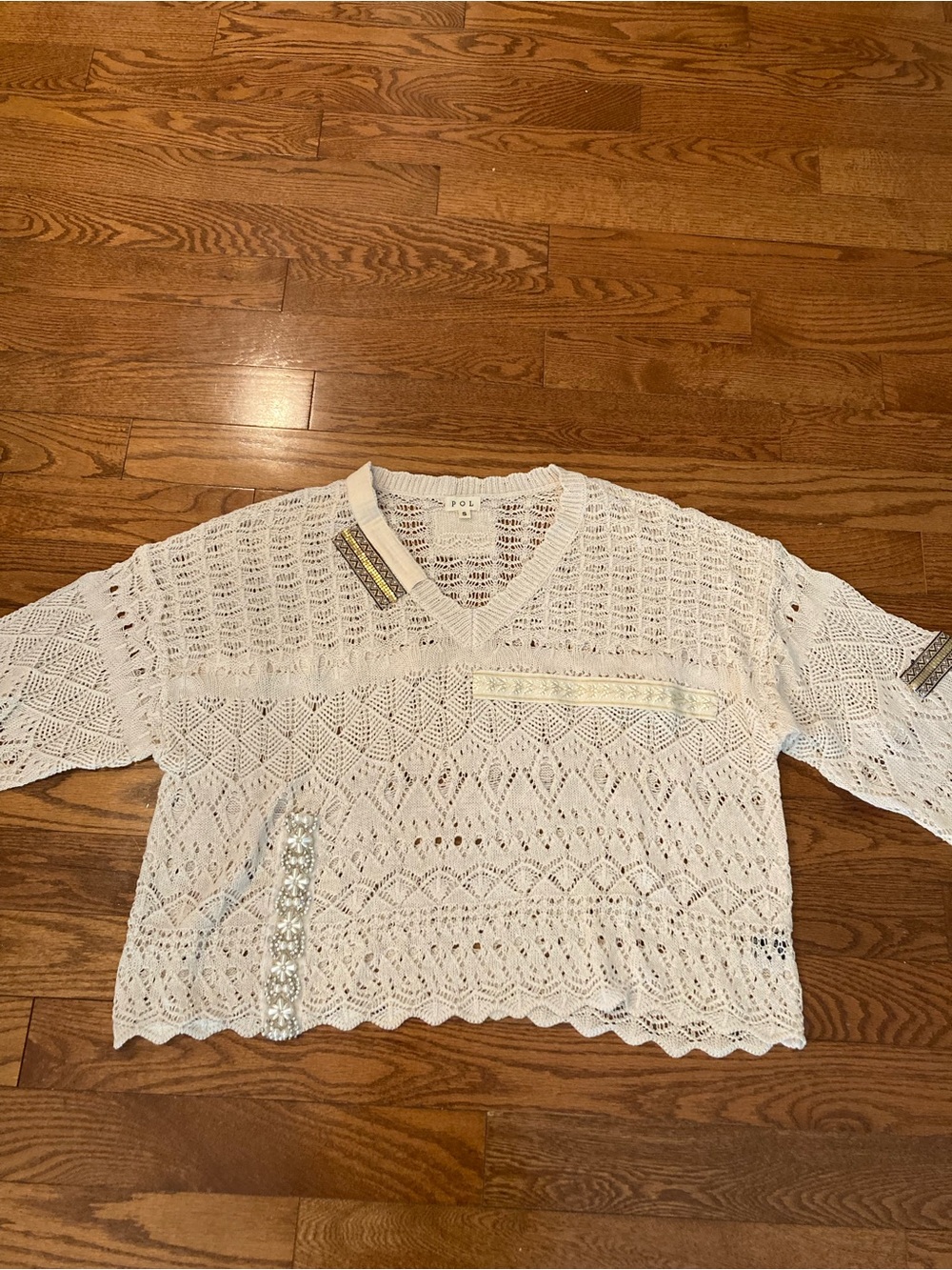 POL cream Crocheted V-Neck Sweater with beautiful trim detail.